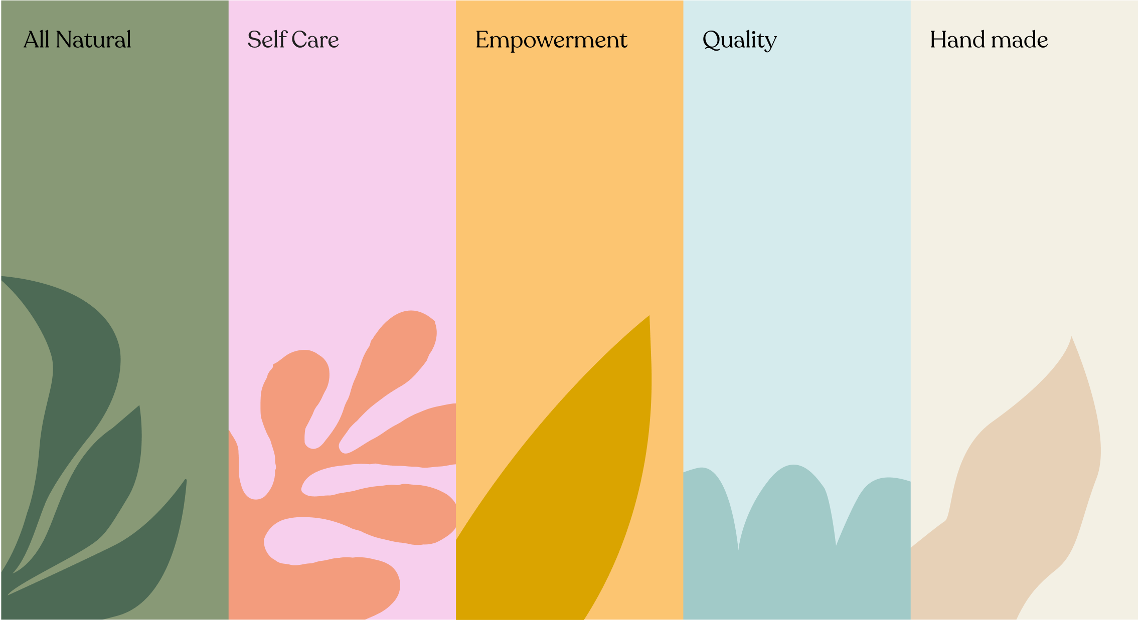 Biloosh brand values: All Natural, Self Care, Empowerment, Quality, Hand made
